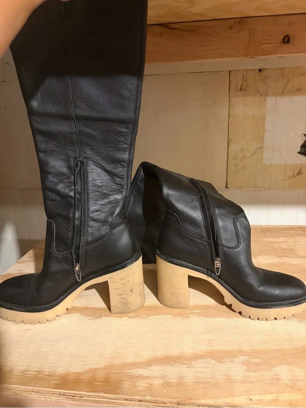 Dolce Vita Black Knee-High Boots with Tan Lug Platform Heel